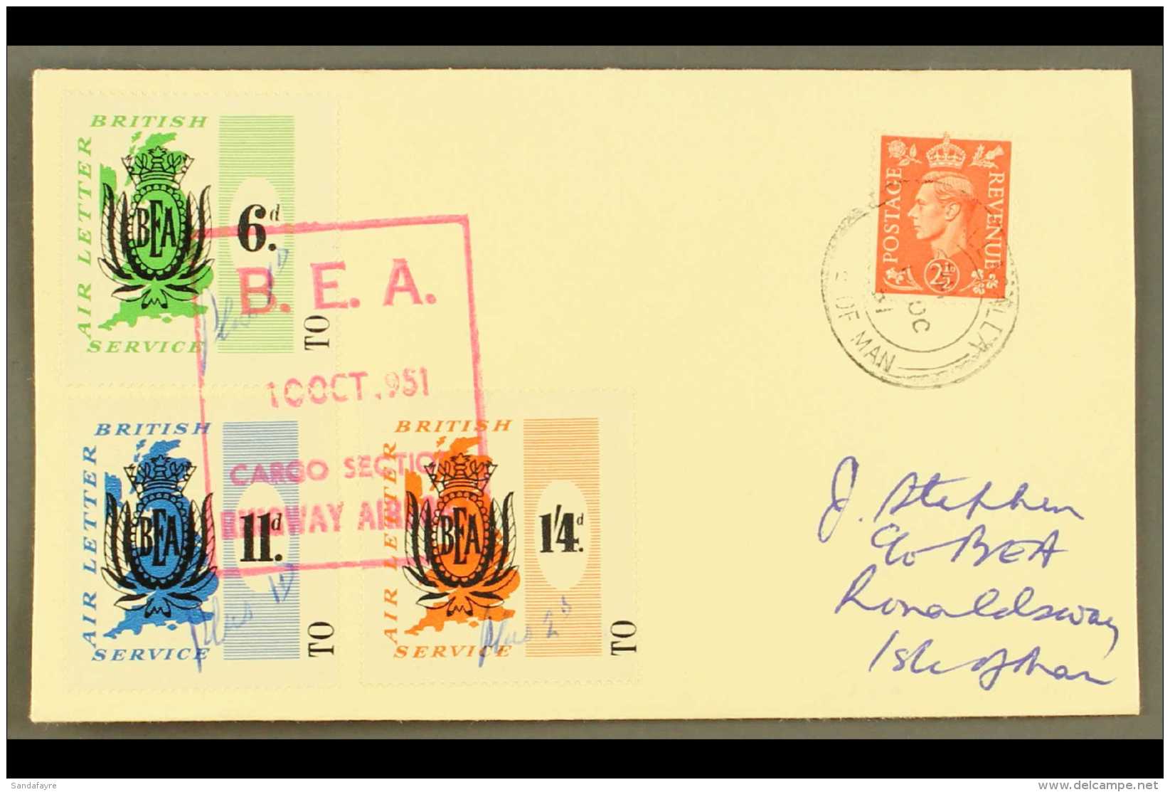 1951 B.E.A. AIR LETTER LOCAL SURCHARGES  1951 (10 Oct) Cover To Isle Of Man Bearing B.E.A. 6d, 11d And 1s4d... - Sonstige & Ohne Zuordnung