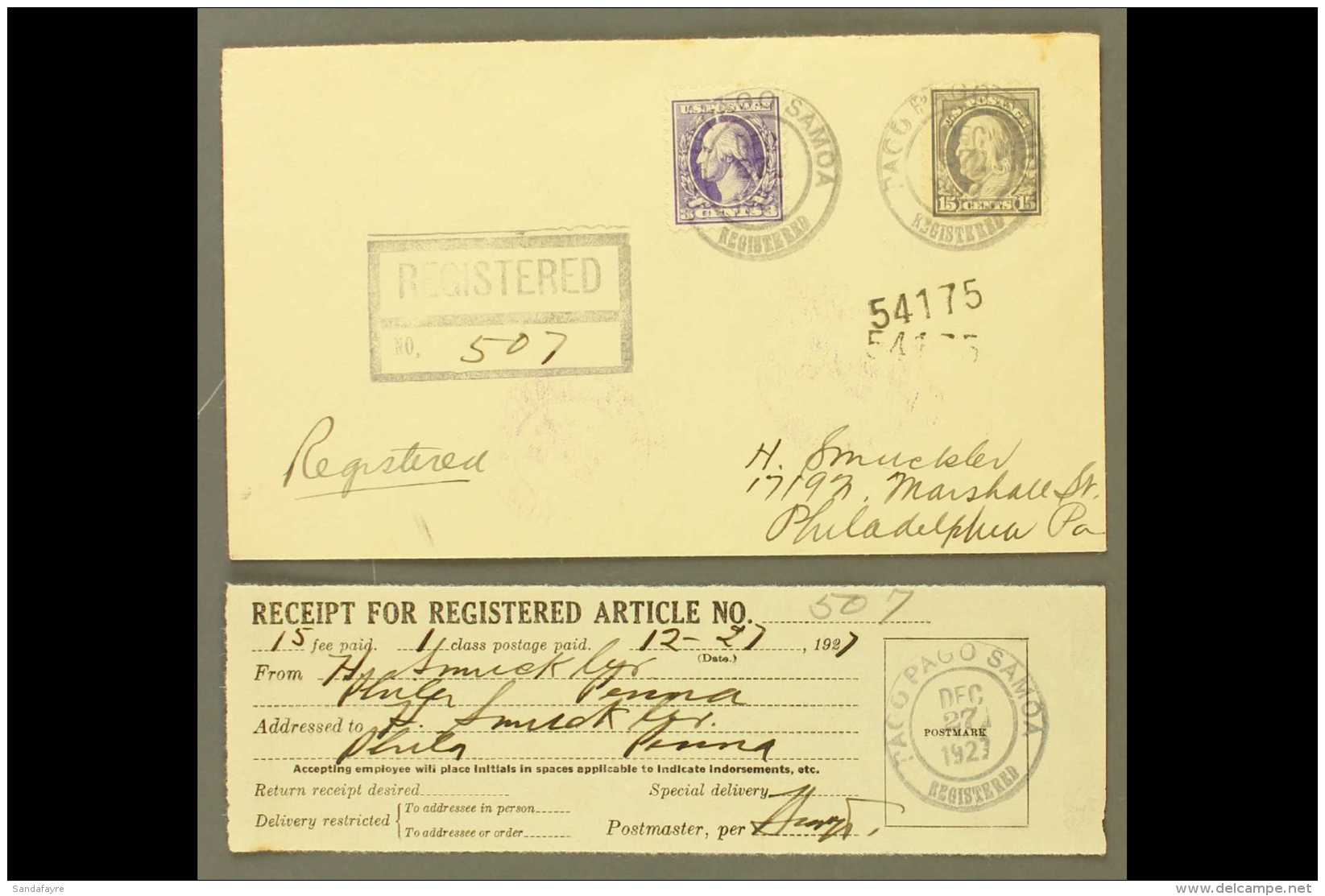 AMERICAN SAMOA  1927 (Dec 27) Registered Cover Franked With 3c Washington &amp; 15c Franklin, Postmarked Pago... - Sonstige & Ohne Zuordnung