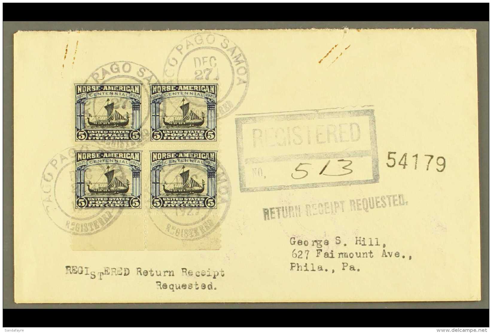 AMERICAN SAMOA  1927 (Dec 27) Registered Cover Franked With 5c Norse-American In A Lower Marginal BLOCK OF FOUR,... - Sonstige & Ohne Zuordnung