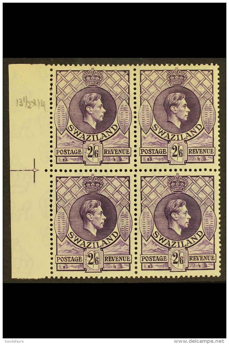 1938-54  2s6d Violet, Perf.13&frac12;x14, BLOCK OF 4 With Guide Line In Margin At Left, SG 36a, Never Hinged... - Swasiland (...-1967)