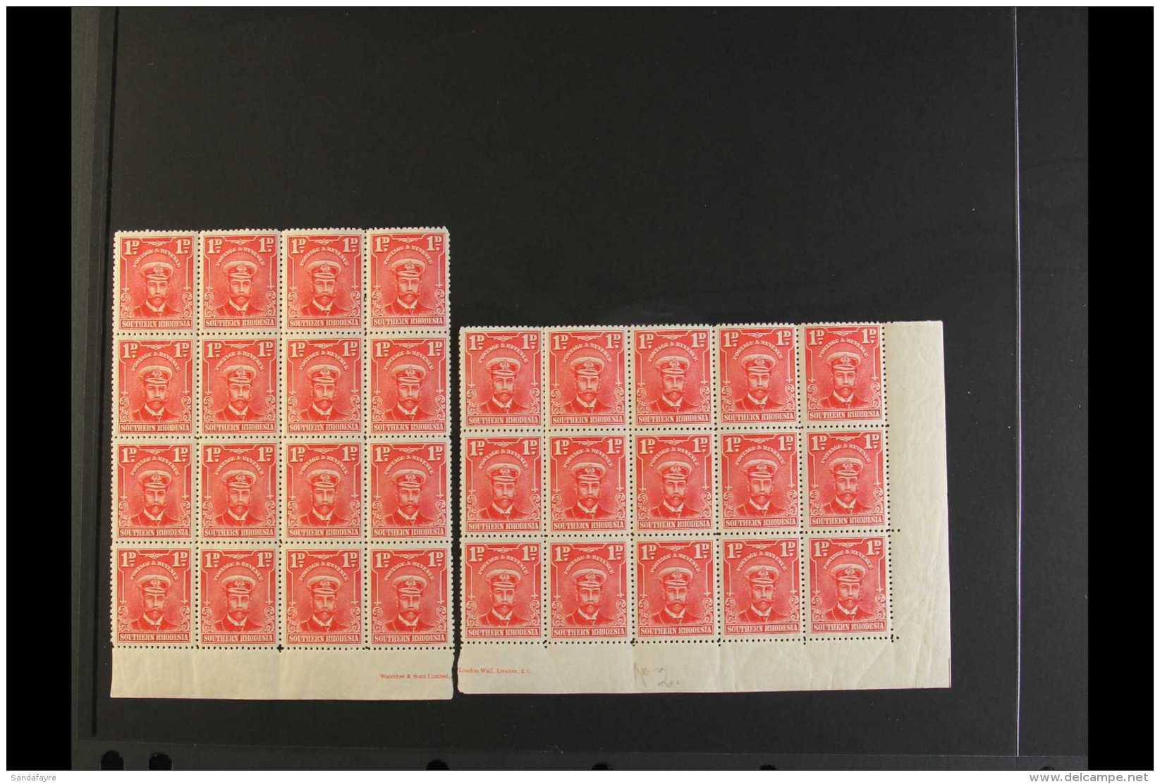1924  1d Bright Rose, Two Blocks Of 16 &amp; 15 That Form Two Halves Of An Imprint Block, SG 2, Never Hinged... - Southern Rhodesia (...-1964)