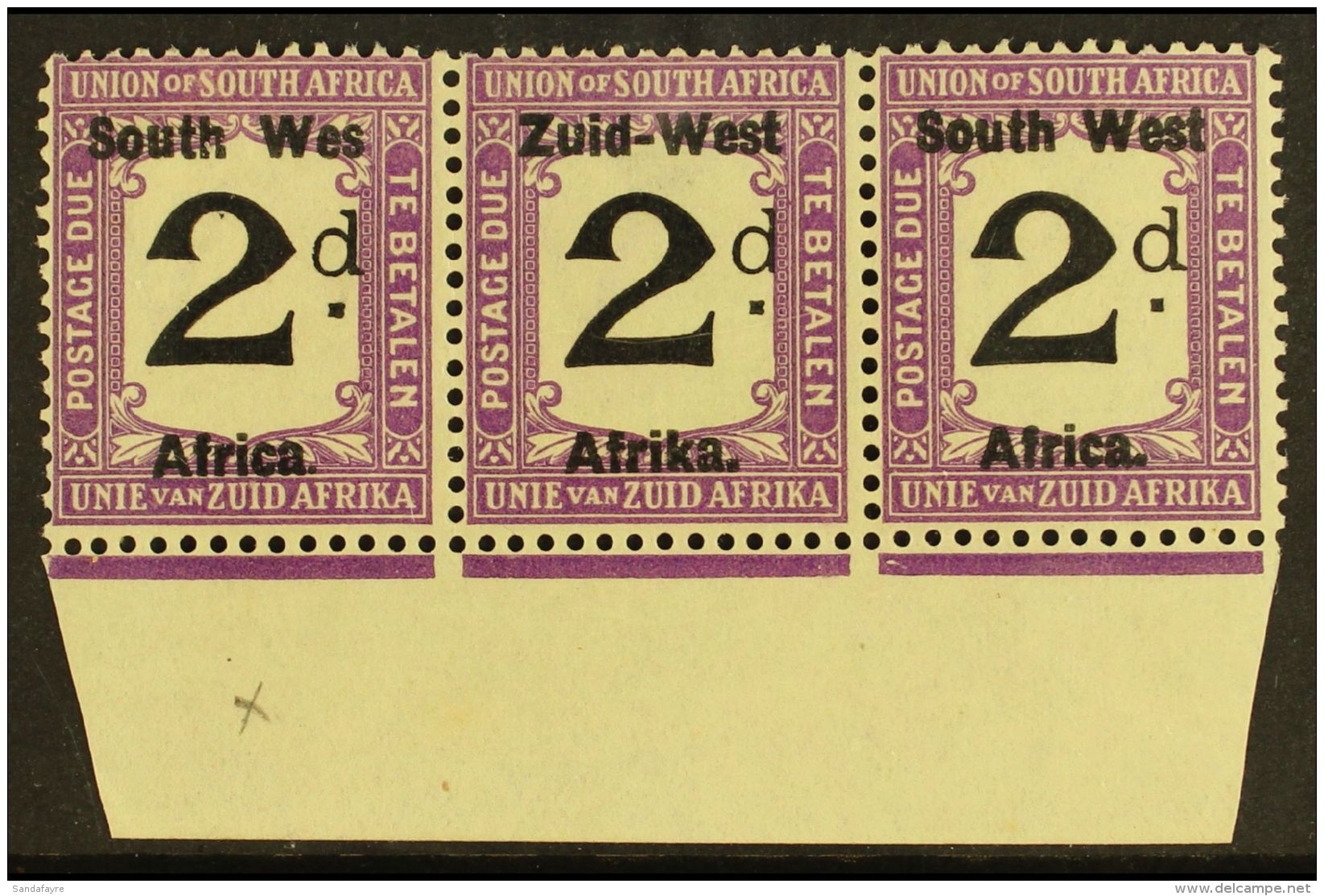 POSTAGE DUES  1923 2d Black And Violet, Marginal Strip Of 3, One Showing Variety "Wes For West", SG D3a, Very... - Südwestafrika (1923-1990)