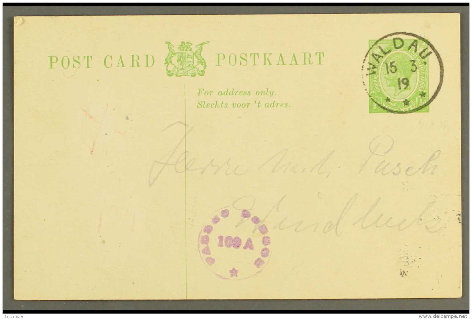 1919  (15 Mar) &frac12;d Union Postal Card To Windhuk Showing Very Fine "WALDAU" Converted German Canceller,... - África Del Sudoeste (1923-1990)