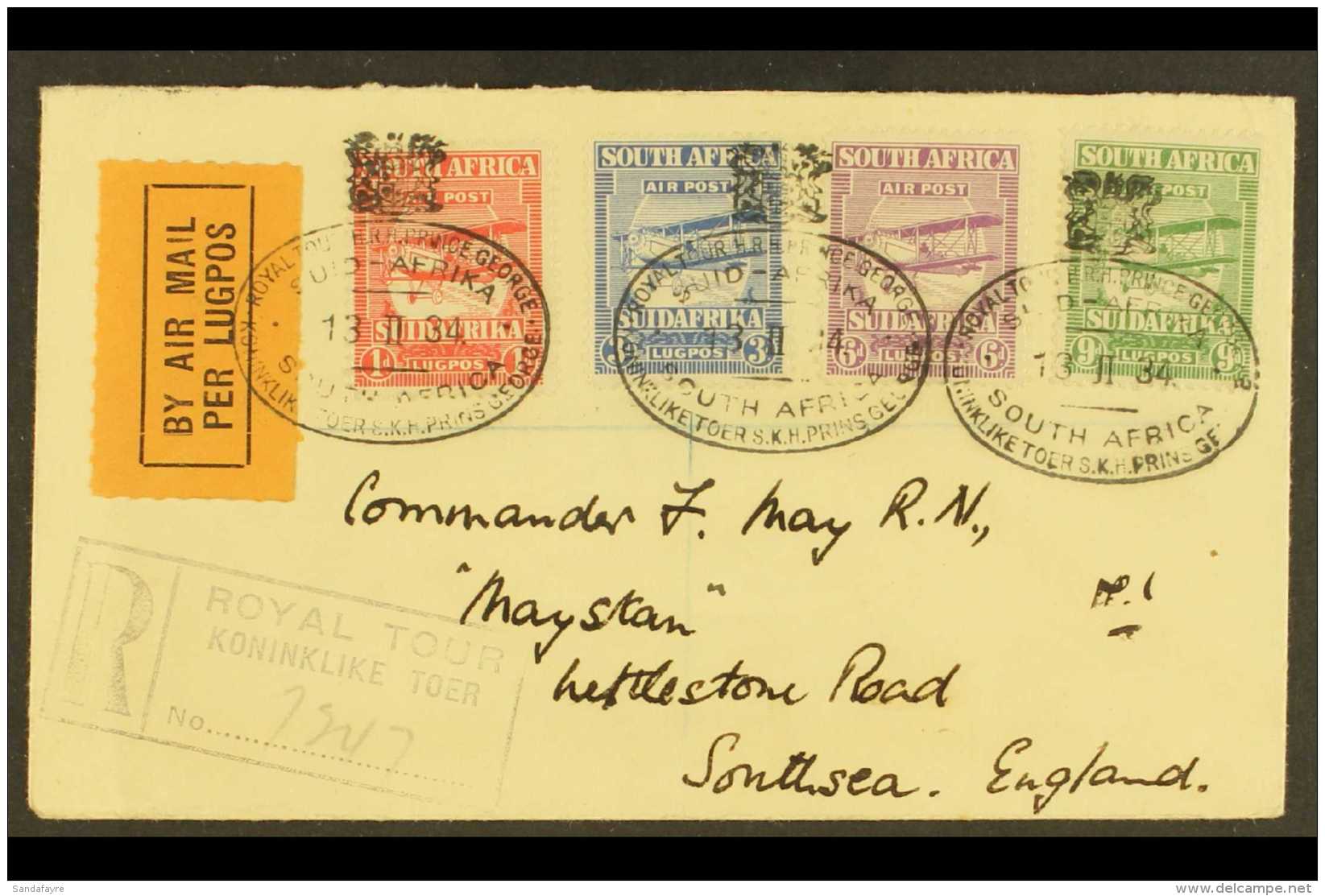 1934 ROYAL TOUR  Registered &amp; Airmailed Cover To England Franked With Complete 1925 Airmails Set, Oval "Royal... - Ohne Zuordnung