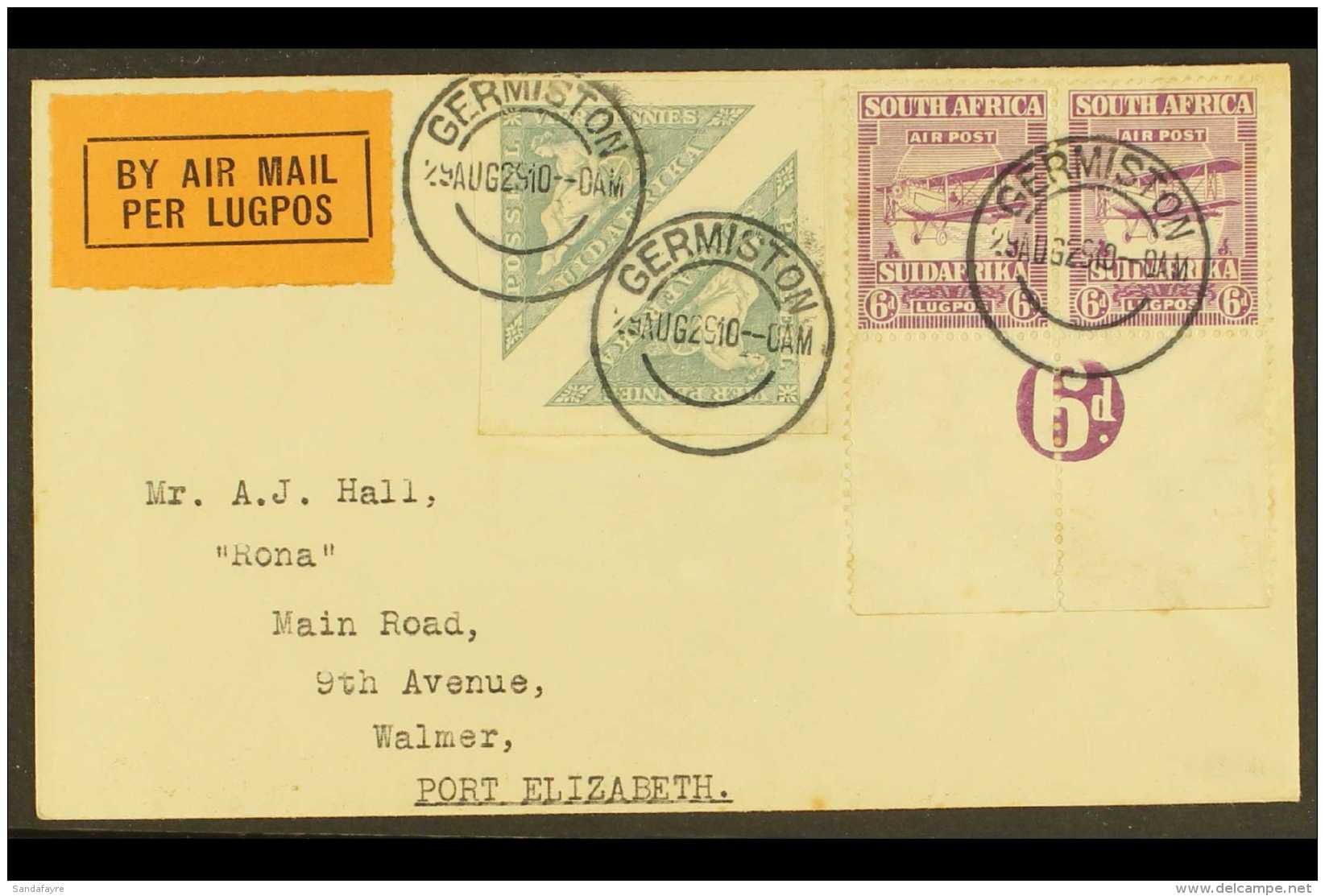 1929  (29 Aug) Airmailed Cover To Port Elizabeth, Franked With 1926 4d Triangle Pair &amp; 1925 6d Airmail... - Ohne Zuordnung