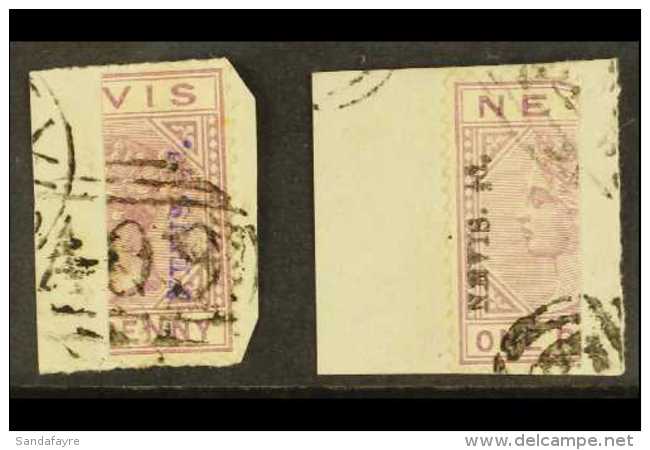 1883  &frac12;d On 1d Bisects Both Types Violet Or Black Surcharges, SG 35/6, Used On Pieces (2). For More... - St.Christopher-Nevis & Anguilla (...-1980)