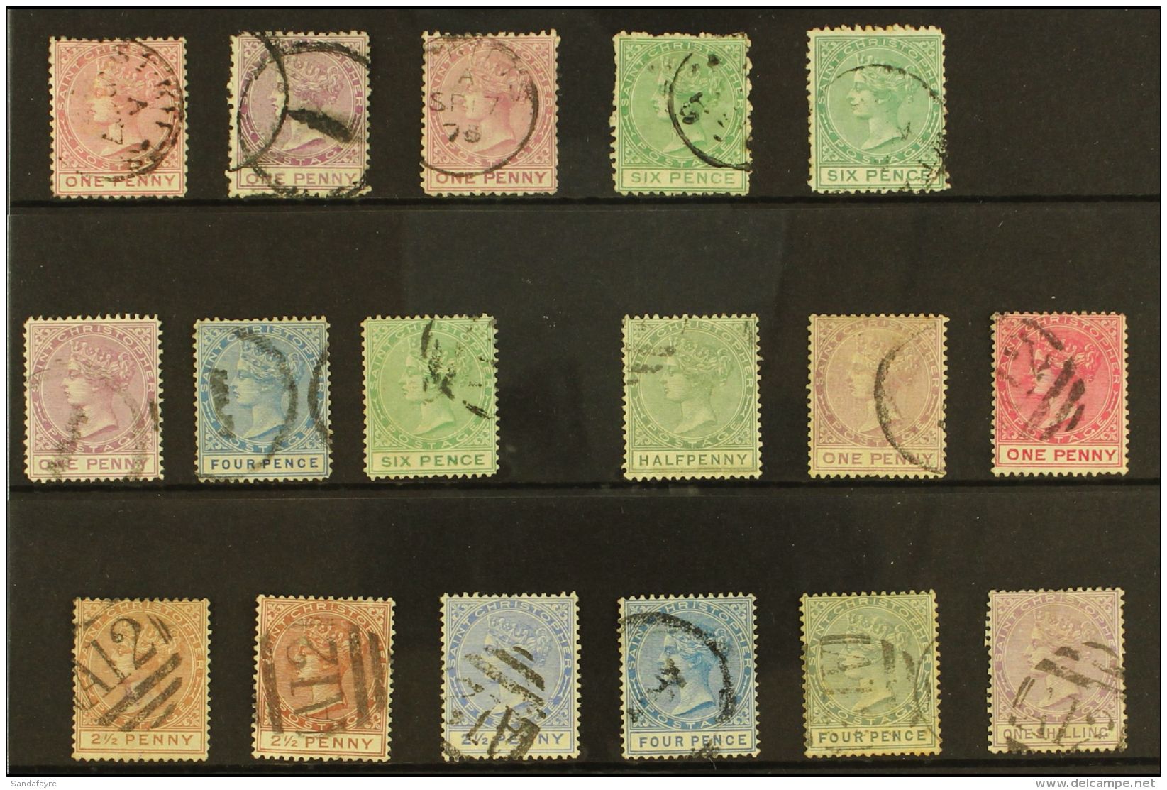 1870-90 USED SELECTION  Presented On A Stock Card. Includes 1870-82 Wmk CC (perf 12&frac12;) 1d Dull Rose, 1d... - St.Christopher-Nevis & Anguilla (...-1980)