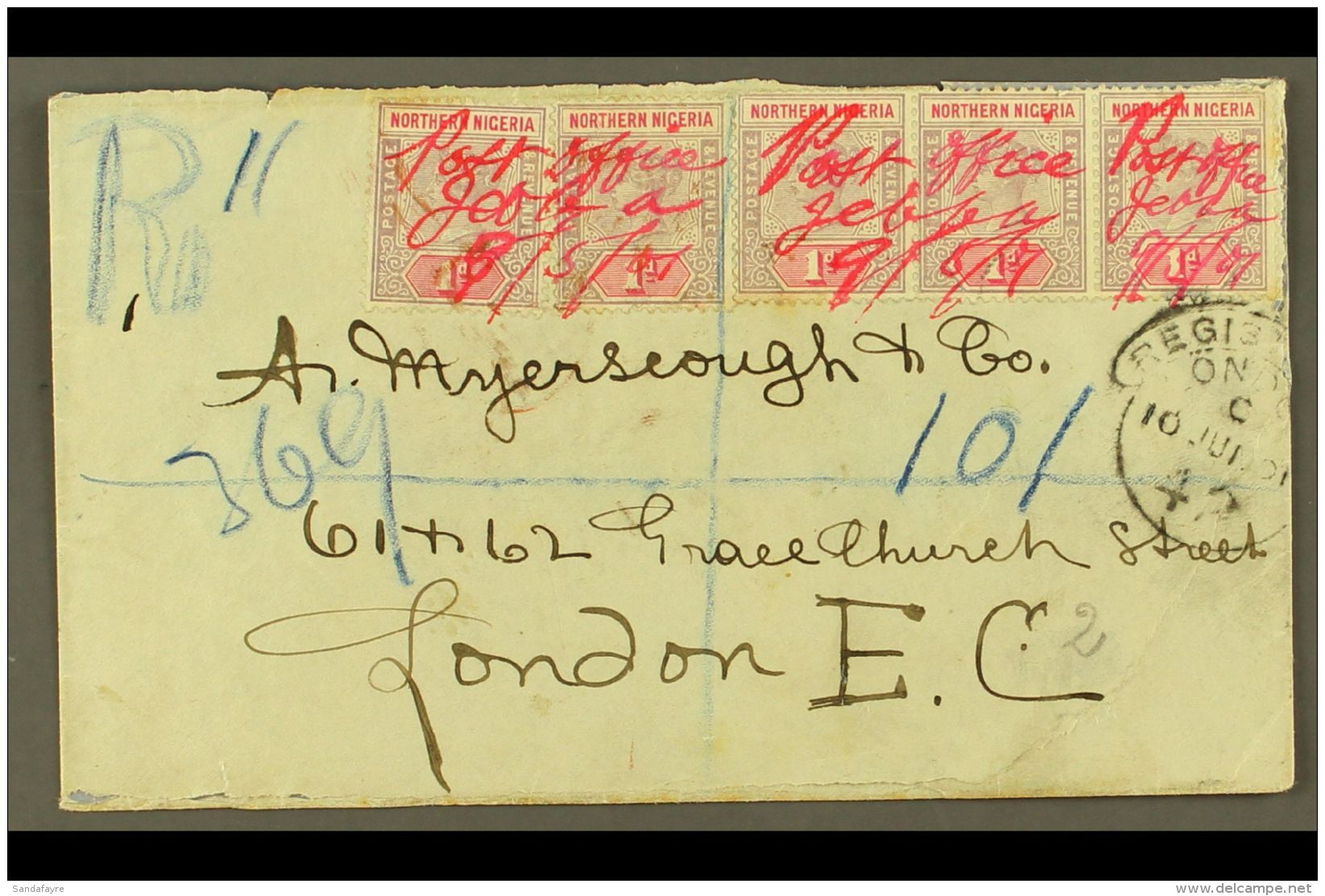 1901 "POST OFFICE JEBBA" MANUSCRIPT CANCELS ON REGISTERED COVER  (9th May) Envelope Registered To London, Bearing... - Nigeria (...-1960)