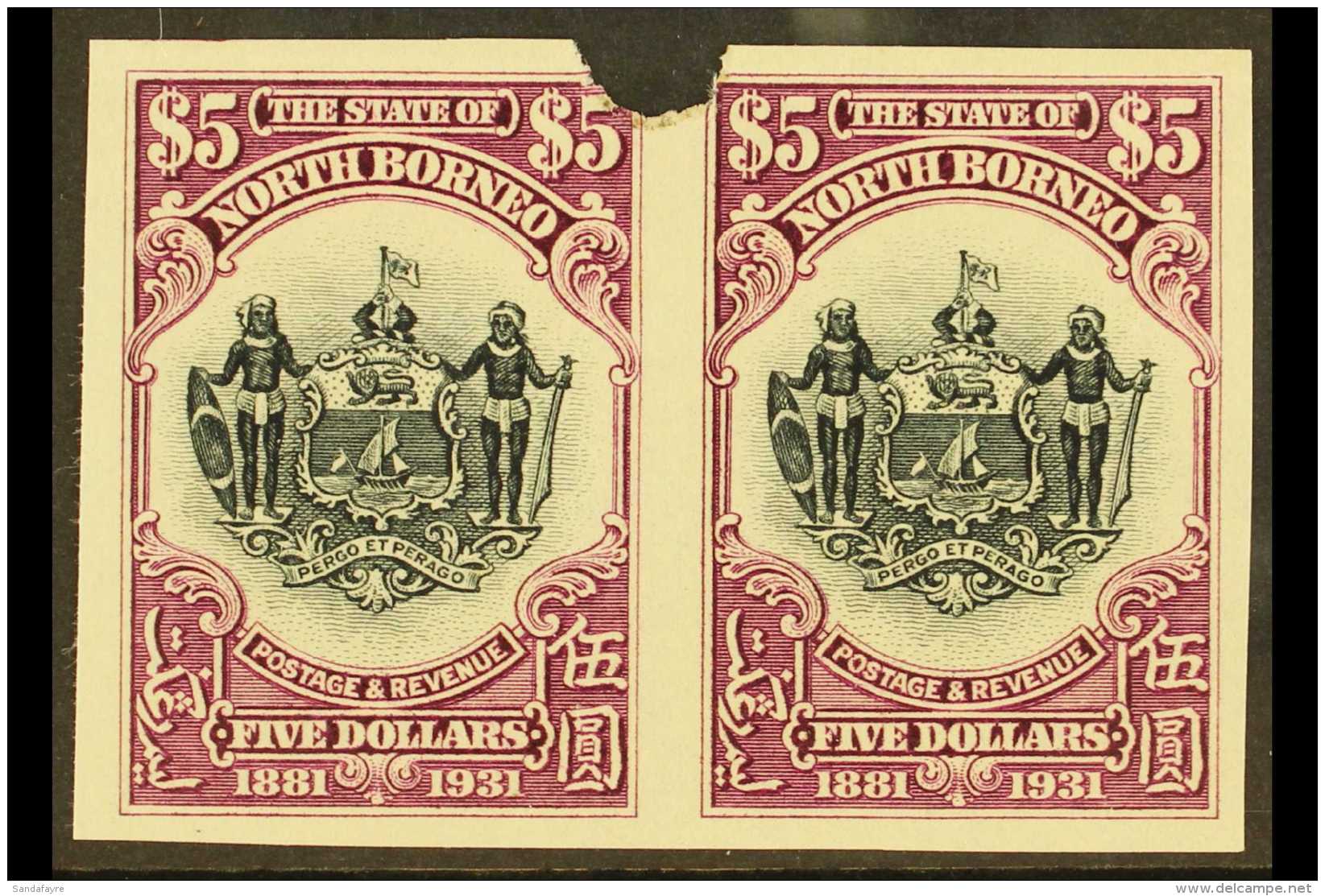 1931 IMPERF PLATE PROOFS.  1931 $5 Black &amp; Purple 'Arms Of The Company' (SG 302) Horizontal IMPERF PLATE... - Nordborneo (...-1963)