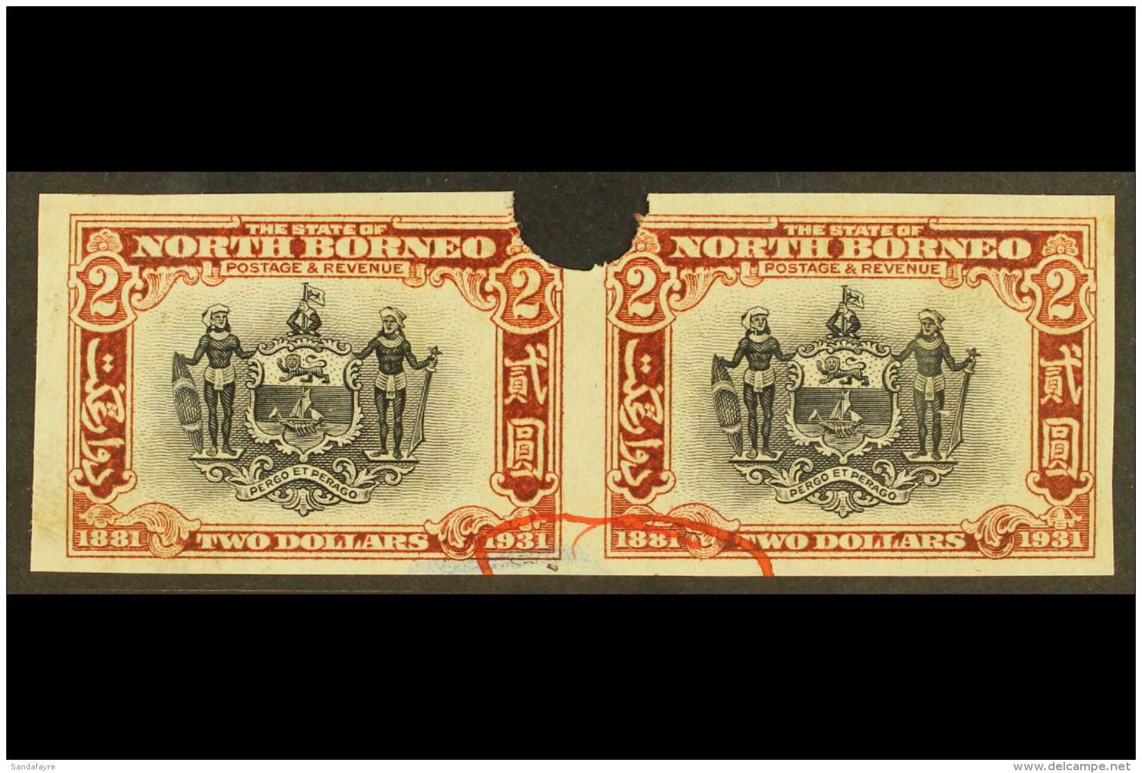 1931 IMPERF PLATE PROOFS.  1931 $2 Black &amp; Chestnut 'Arms Of The Company' (SG 301) Horizontal IMPERF PLATE... - Nordborneo (...-1963)