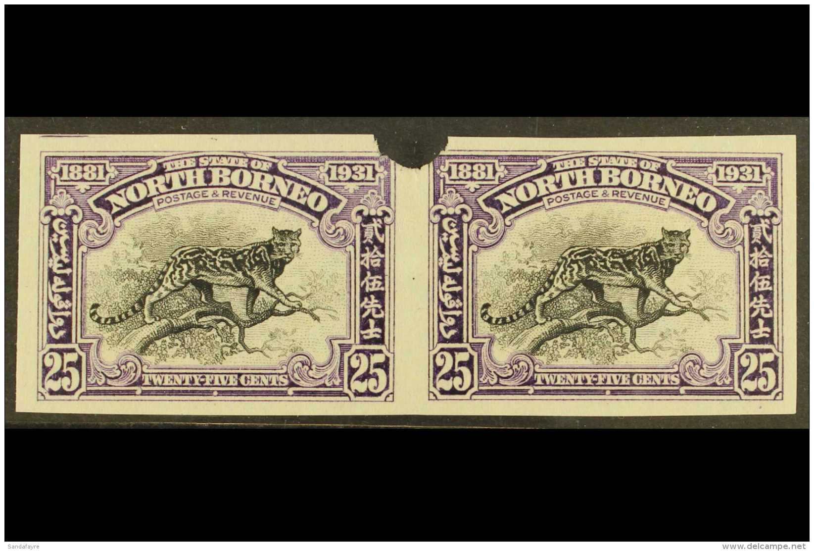 1931 IMPERF PLATE PROOFS.  1931 25c Black &amp; Violet 'Clouded Leopard' (SG 299) Horizontal IMPERF PLATE PROOF... - Nordborneo (...-1963)