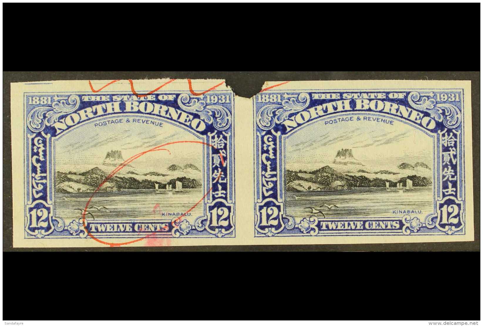 1931 IMPERF PLATE PROOFS.  1931 12c Black &amp; Ultramarine 'Mount Kinabalu' (SG 298) Horizontal IMPERF PLATE... - Nordborneo (...-1963)