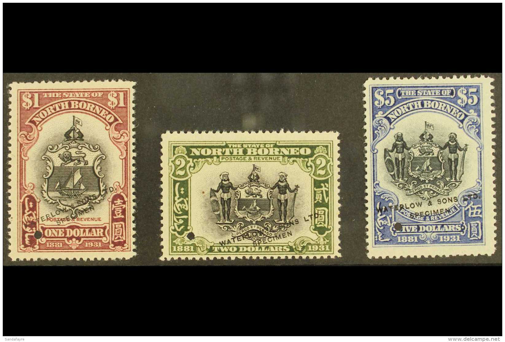 1931  $1, $2 &amp; $5 BNBC Coat Of Arms Stamps In SAMPLE TRIAL COLOURS With Centers In Black And Frames In... - Nordborneo (...-1963)