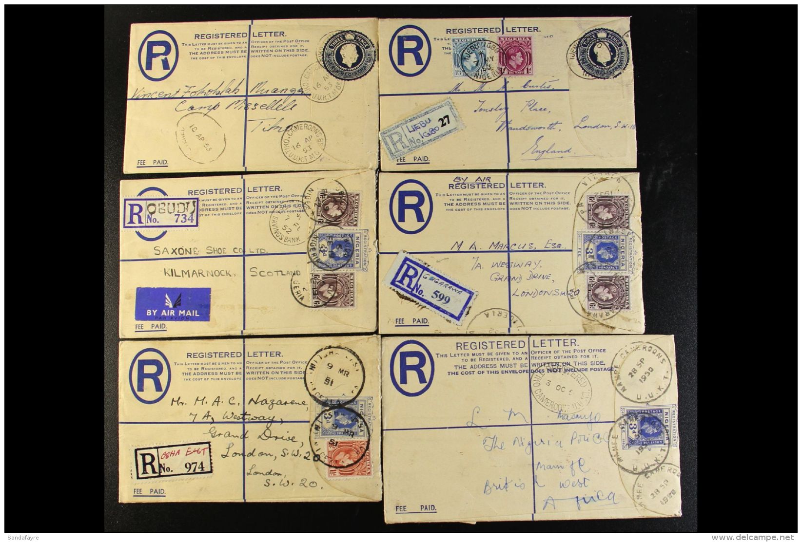 1938-53 KGVI REGISTERED ENVELOPES  3d Envelopes With Additional Stamps, Commercially Used Range Sent To GB Or... - Nigeria (...-1960)