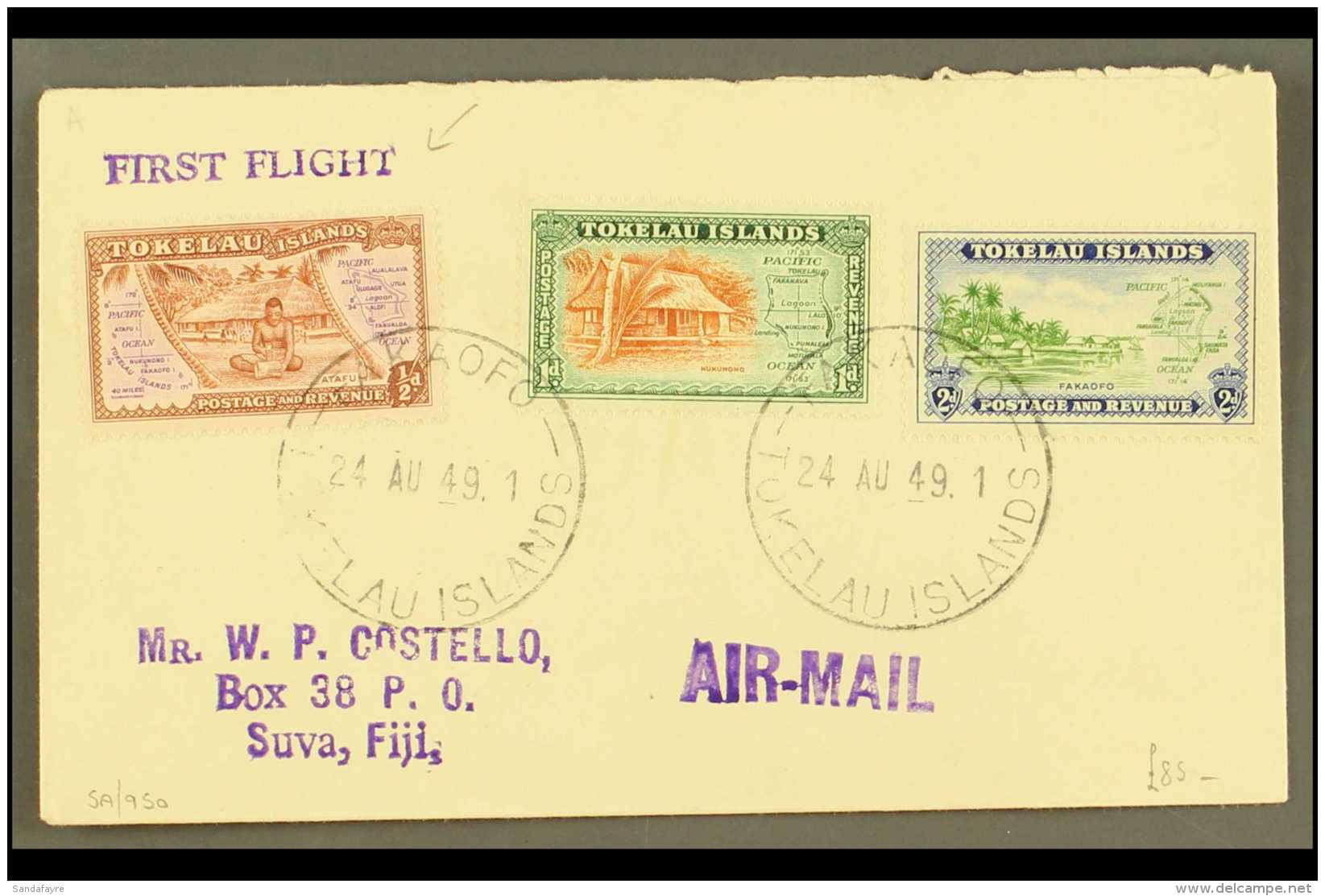 TOKELAU  1949 (Aug) Neat Envelope Bearing 1948 Pictorial Set, SG 1/3, Tied By Fakaofo Cds's, And Violet "First... - Sonstige & Ohne Zuordnung