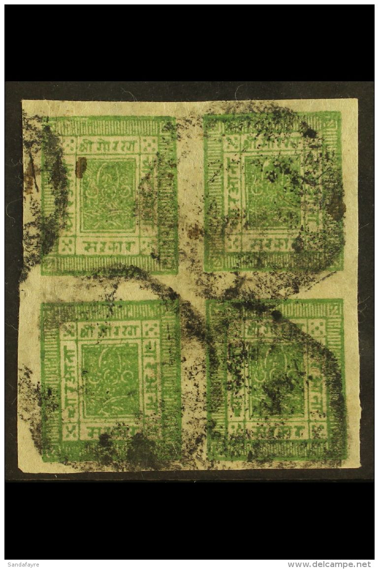 1899  4a Olive-green Imperf From Setting 9, H&amp;V 18f (SG 17), Used BLOCK OF FOUR With 4 Margins. For More... - Nepal