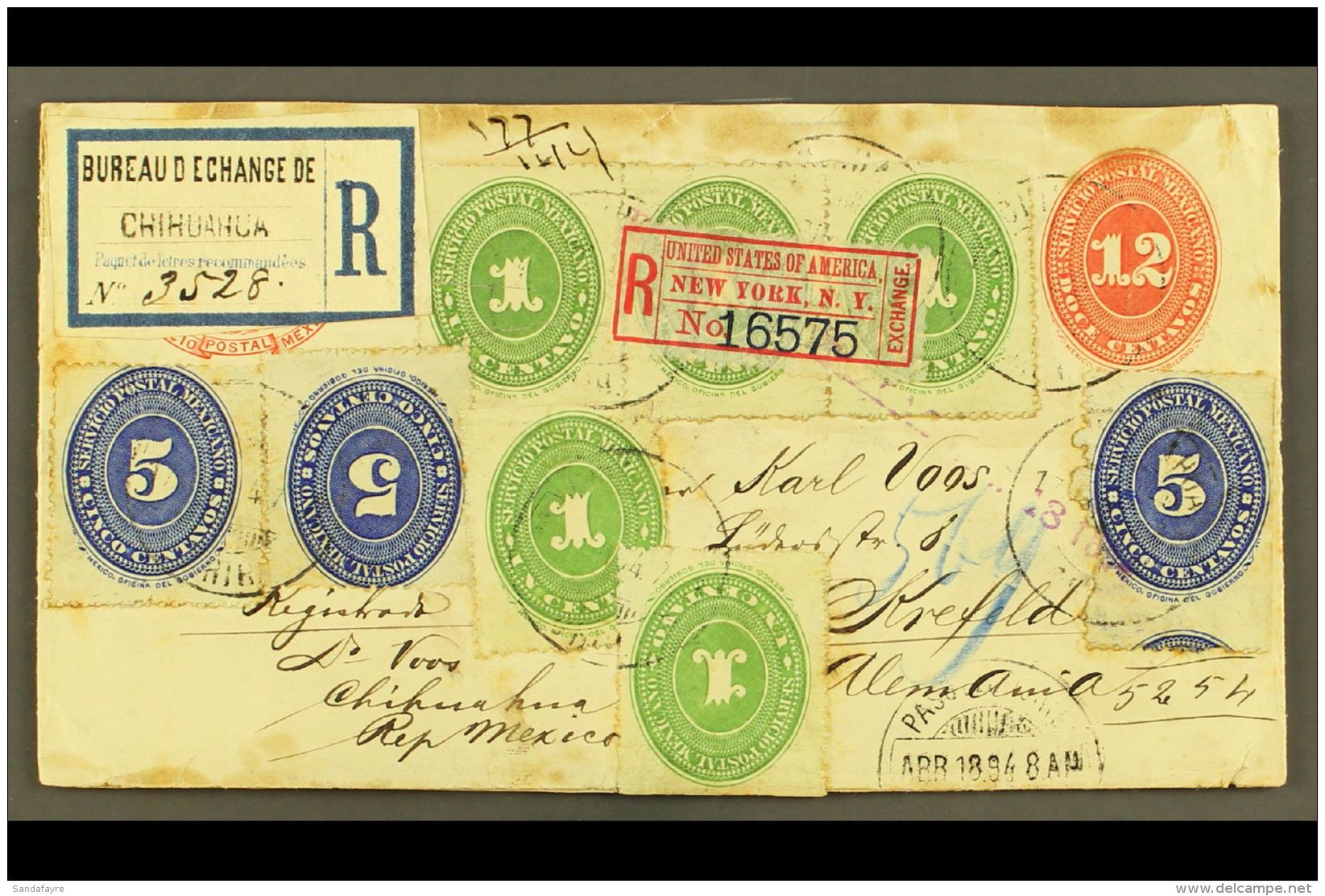 1894  (17 Apr) 12c Scarlet Numeral Ps Envelope To Germany, Registered And Uprated With 1890-95 1c (x5 Inc Strip... - Mexiko