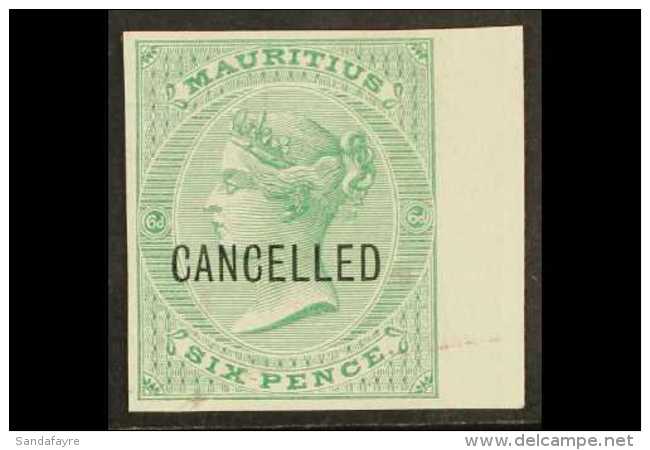 1863  6d Blue-green De La Rue (SG 65) IMPERF PLATE PROOF Overprinted "Cancelled" On White Surfaced Paper With 4... - Mauricio (...-1967)