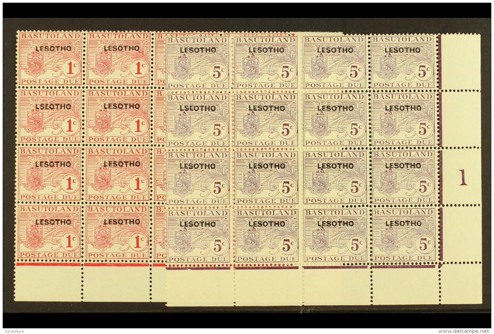 POSTAGE DUES  1966 1c &amp; 5c Overprinted Dues In Cylinder Blocks Of 16 With "LSEOTHO" Error On R4/7, SG... - Lesotho (1966-...)