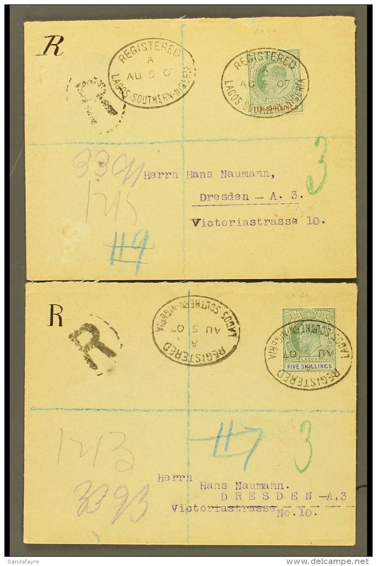 1907  (Aug) An Attractive Pair Of Philatelic Envelopes Registered To Germany, Bearing 1904-06 Ordinary Paper 5s... - Nigeria (...-1960)