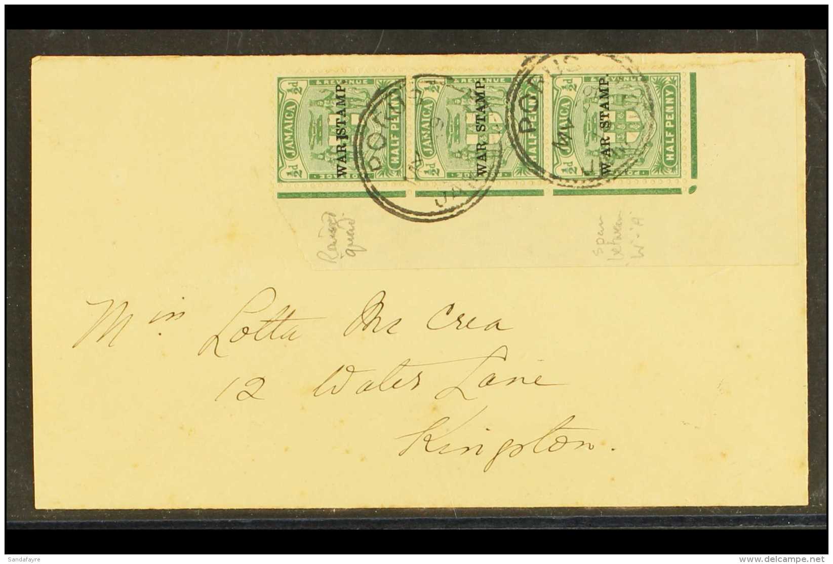 1916  &frac12;d Green Ovptd "War Stamp", Superb Vertical Corner Strip Of 3 Showing "Raised Quad" And "Spaced W... - Jamaica (...-1961)
