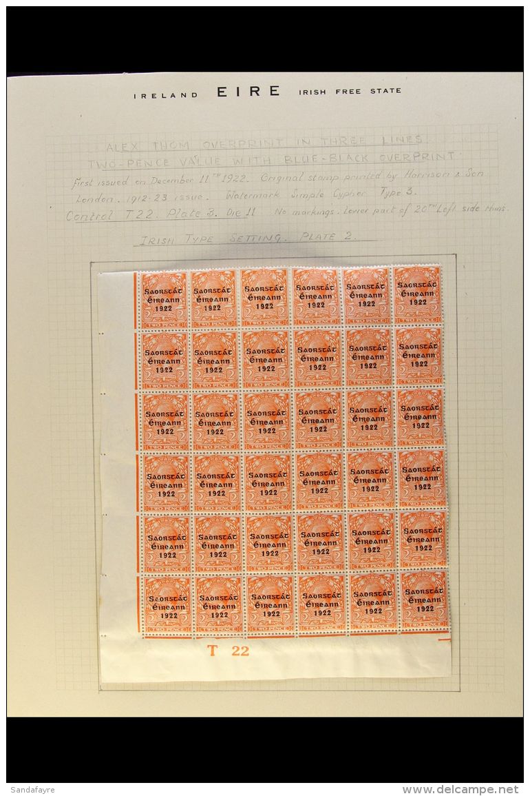 1922-23 SAORSTAT  2d Orange, SG 55, Lower Left Corner Control T22 (imperf Margin) Block Of 36, From Plate 3, Very... - Sonstige & Ohne Zuordnung