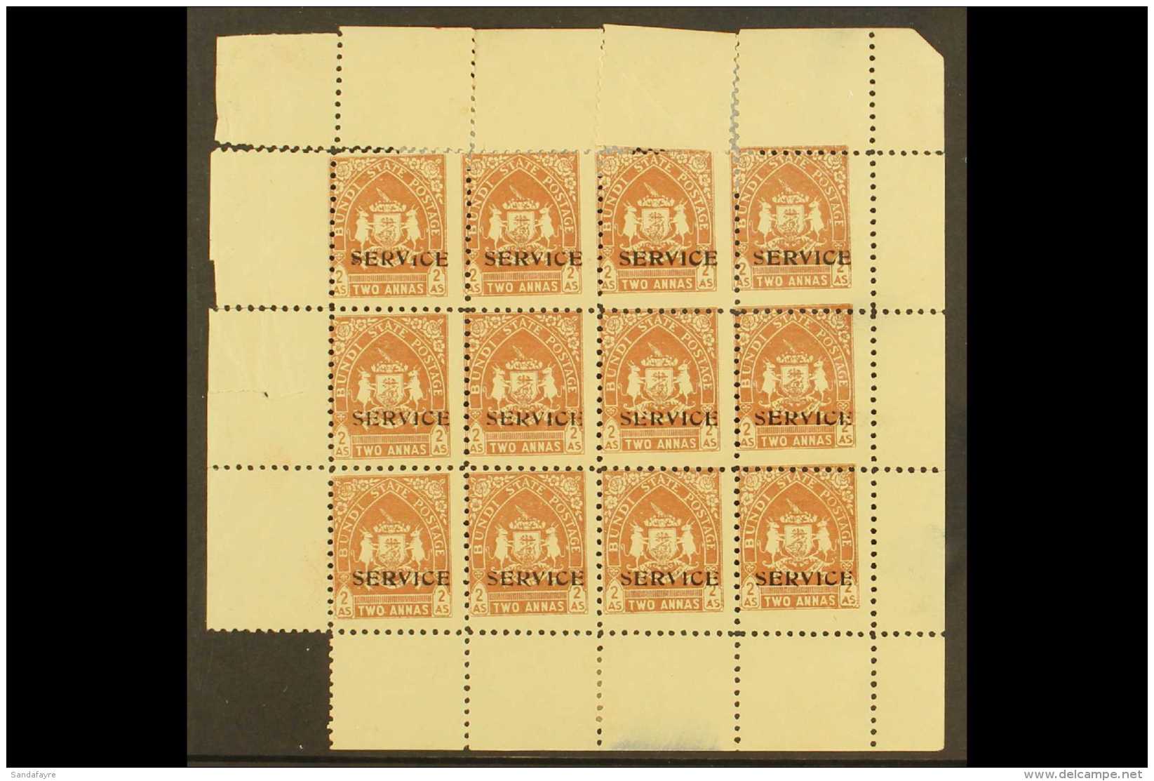 BUNDI  OFFICIALS. 1941 2a Brown, SG O56, COMPLETE SHEET Of 12 With Selvedge To All Sides. Fine Mint, Ungummed... - Sonstige & Ohne Zuordnung