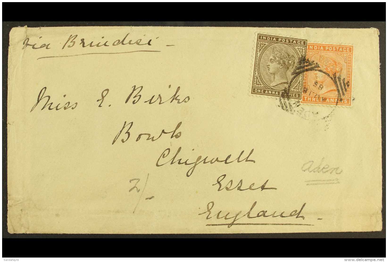 USED IN ADEN  1885 (18th Aug) Envelope To Chigwell Essex Bearing India QV 1a &amp; 3a Stamps Tied By A Pretty... - Sonstige & Ohne Zuordnung