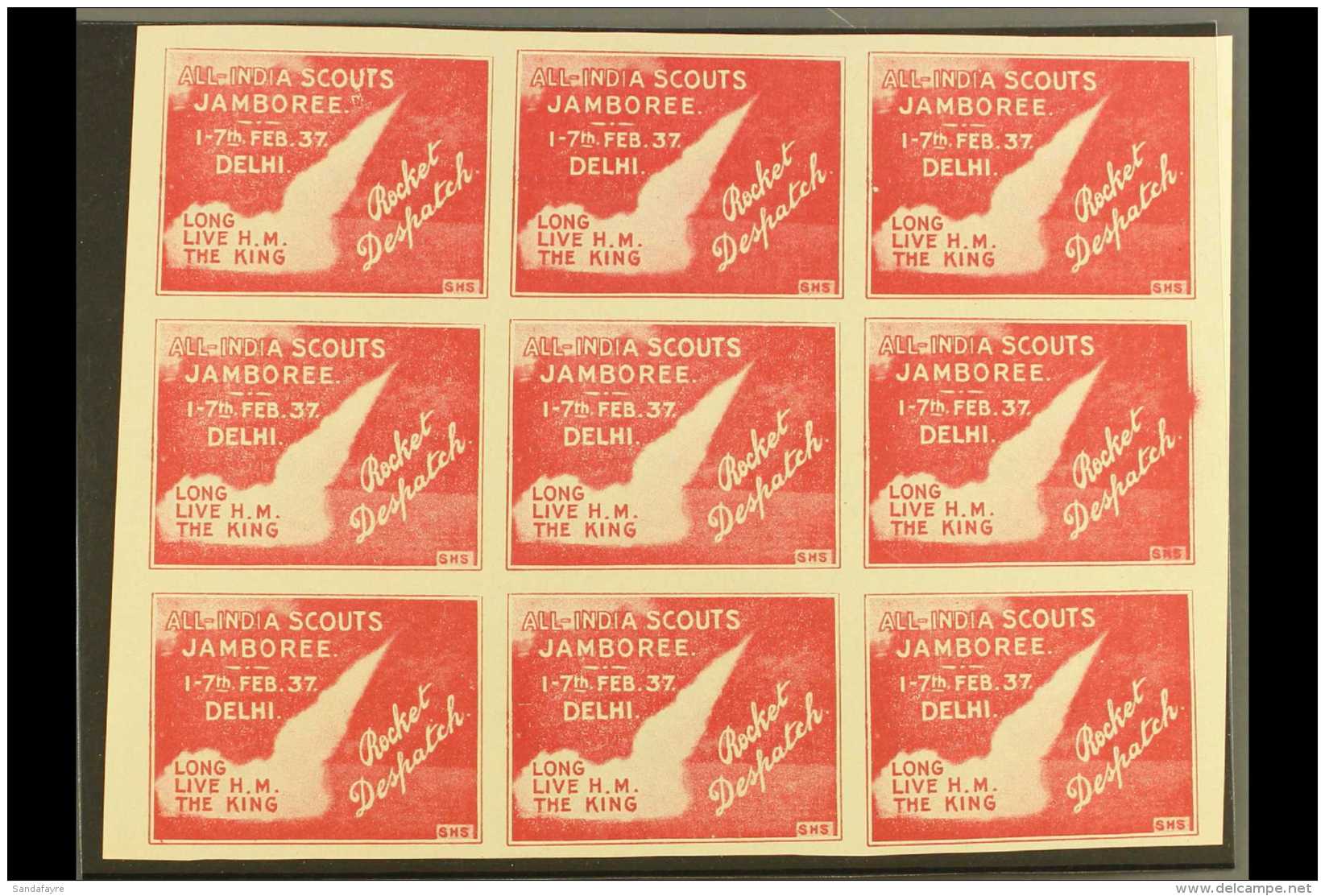 ROCKET MAIL  1937 Red Rocket Mail Stamp, "BOY SCOUTS JAMBOREE"  Pane Of 9- Signed Stephen Smith On Each Stamp.... - Sonstige & Ohne Zuordnung