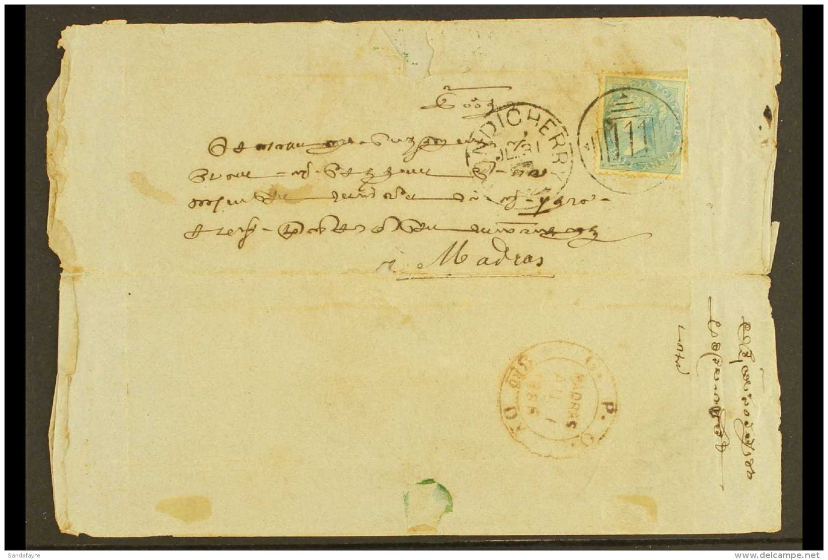 FRENCH INDIA  1886 NATIVE E/L To Madras With &frac12;a Tied By "PONDICHERRY" Cds &amp; "I I I" Numeral Cancel.... - Otros & Sin Clasificación