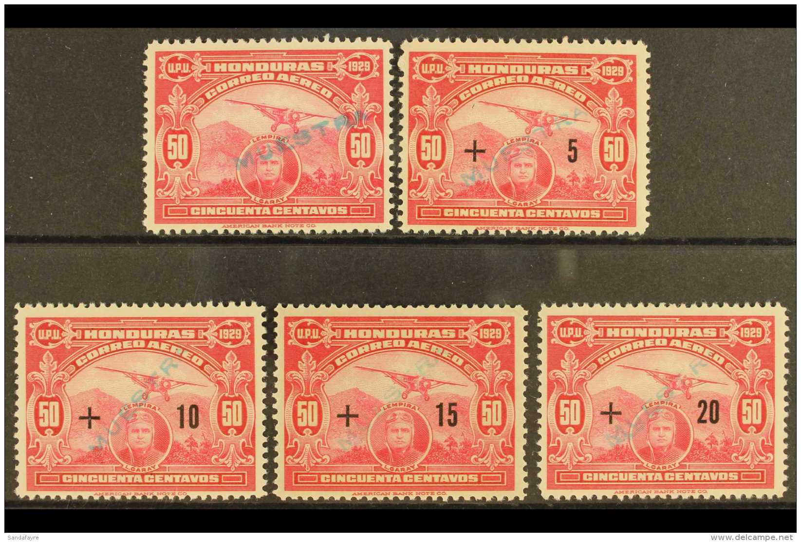 1929  Air Planned New York To Honduras Flight 50c Carmine Plus The Set Of Surcharges (as SG 260a, 260b/260e),... - Honduras