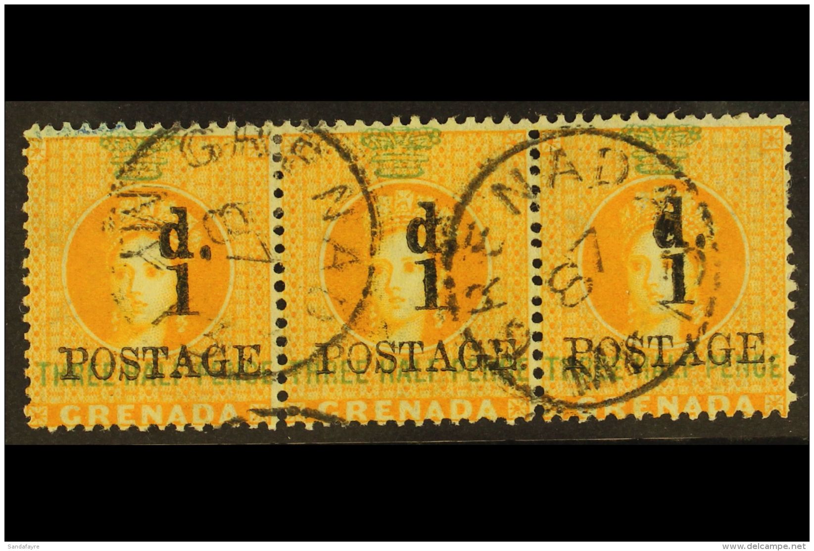 1886  1d On 1&frac12;d Orange, SG 37, Superb Used Horizontal Strip Of 3. Ex Danforth Walker. For More Images,... - Grenada (...-1974)