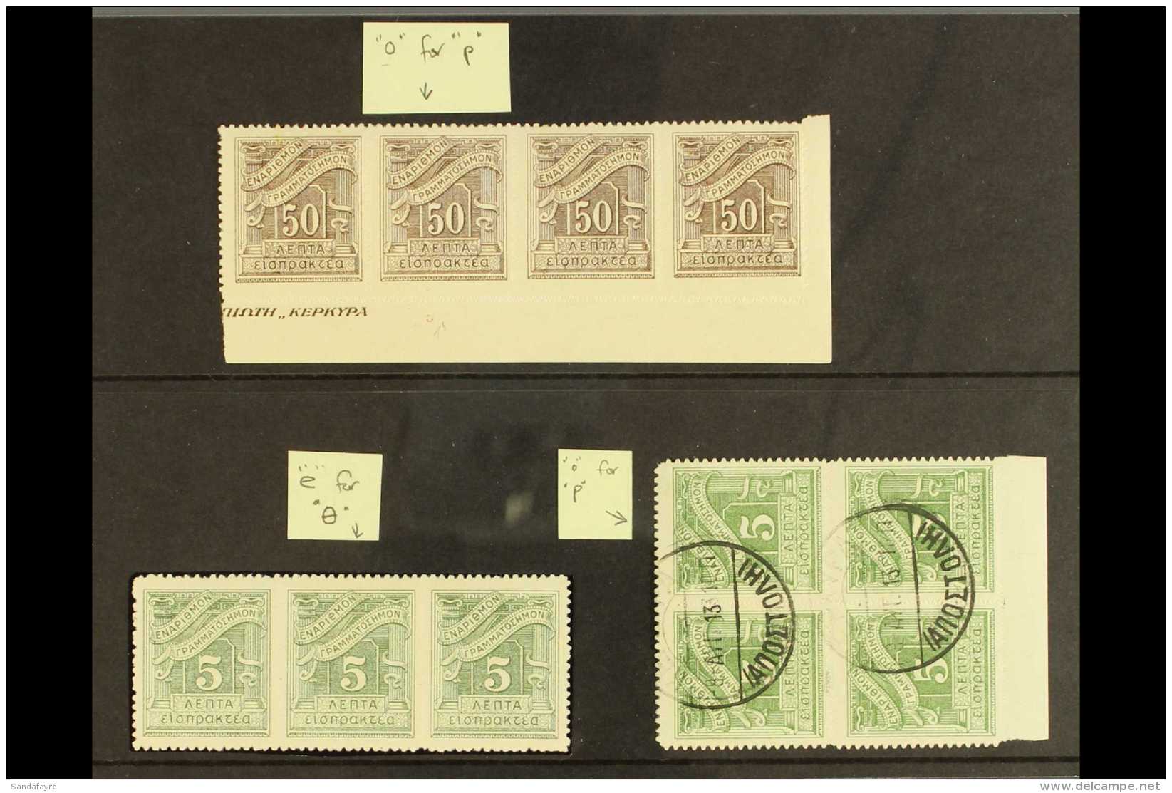 POSTAGE DUE VARIETIES  1913-26 Zig-zag Roulette 50L Brown NHM Lower Corner Strip Of Four One Showing "o For P"... - Sonstige & Ohne Zuordnung