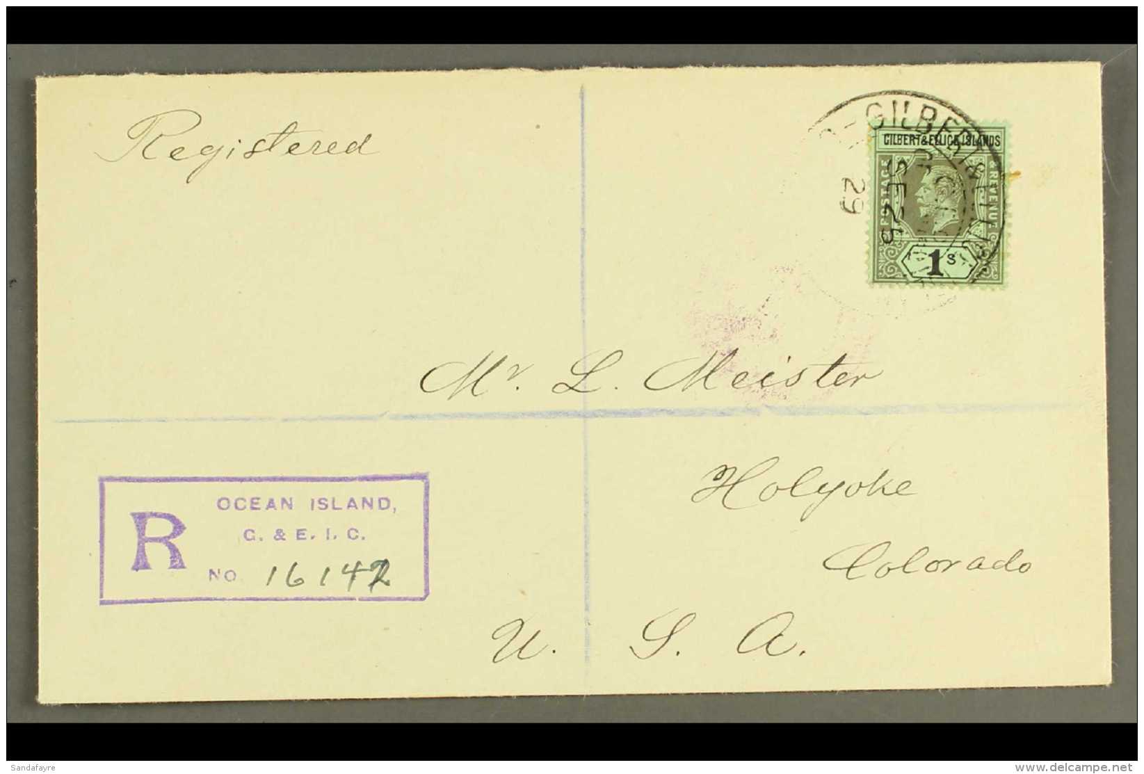 OCEAN ISLAND  1929 Registered Cover To Colorado, USA, Bearing KGV 1s Cancelled With "G.P.O. Ocean Isld." Pmk And... - Gilbert- Und Ellice-Inseln (...-1979)