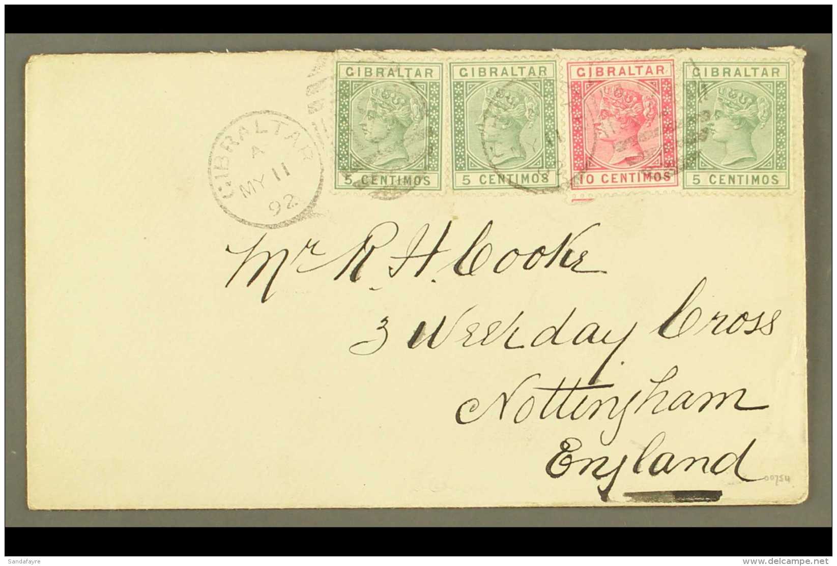 1892  (11 May) Lovely Cover Addressed To England, Bearing 1889-96 5c Green (x3) &amp; 10c Carmine, SG 22/23, Tied... - Gibraltar