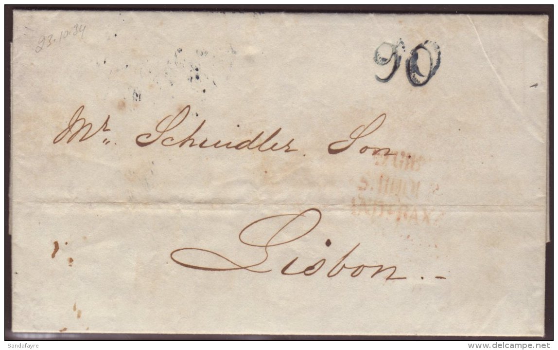 1834  (Oct) Entire Letter From Gibraltar To Lisbon, Showing Three Line "DE GIBR./S. ROQUE/ANDA. BAXA" In Red, And... - Gibraltar