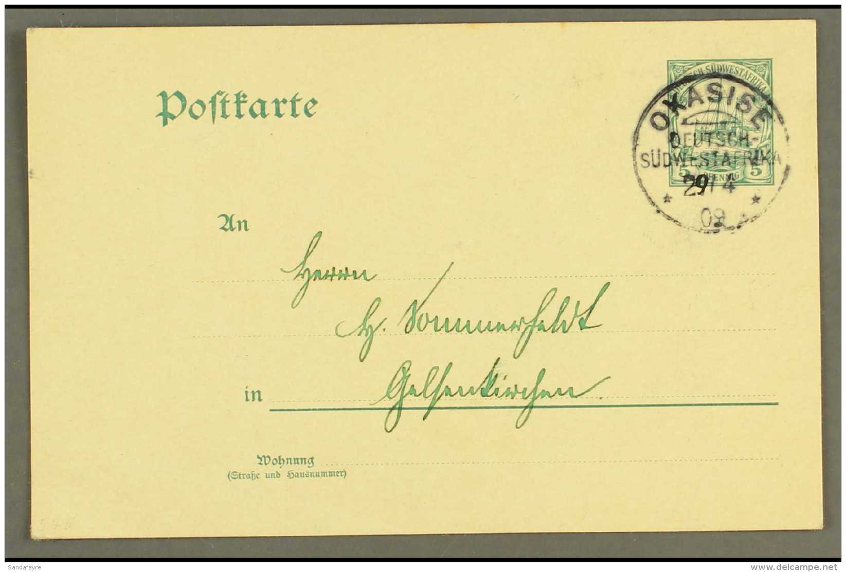 SOUTH WEST AFRICA  1909 (29 Apr) 5pf Postal Card To Germany Cancelled Fine "OKASISE" Cds Postmark. For More... - Sonstige & Ohne Zuordnung