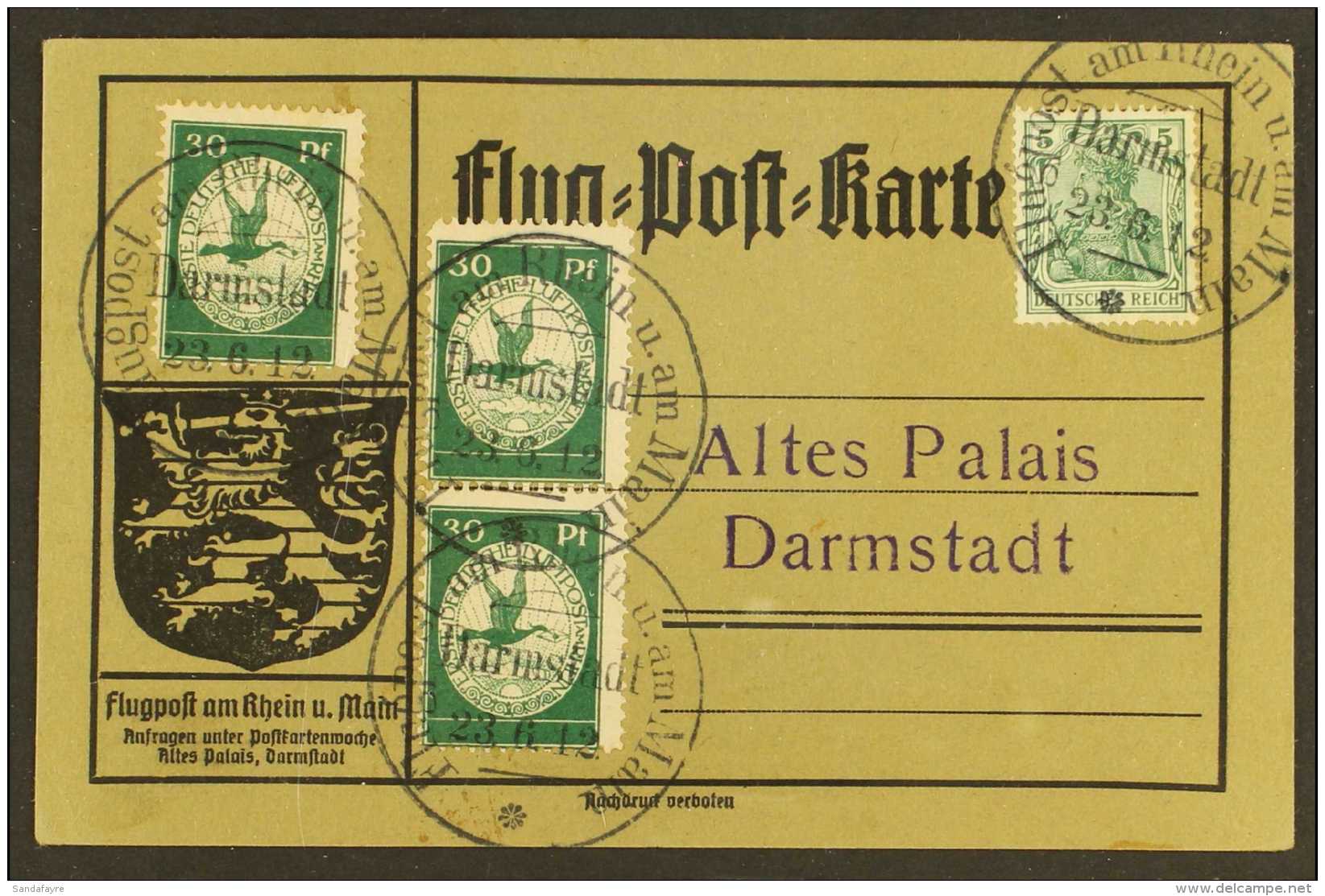 SEMI-OFFICIAL AIRMAIL  1912 (23 June) Special Card Bearing 5pf Germania And 30pf (x3) 'Rheim Und Main' Local... - Sonstige & Ohne Zuordnung