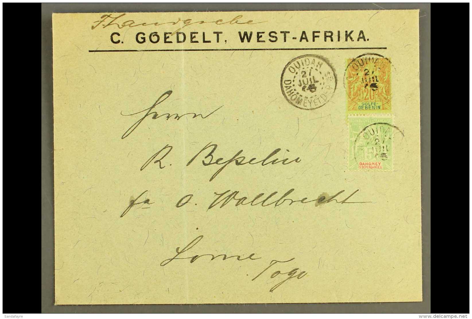 DAHOMEY  1905 (27 Jul) Mixed Franking Prtd Cover From Ouidah To Lome, Togo, Bearing Golfe De Benin 1893 20c Plus... - Sonstige & Ohne Zuordnung