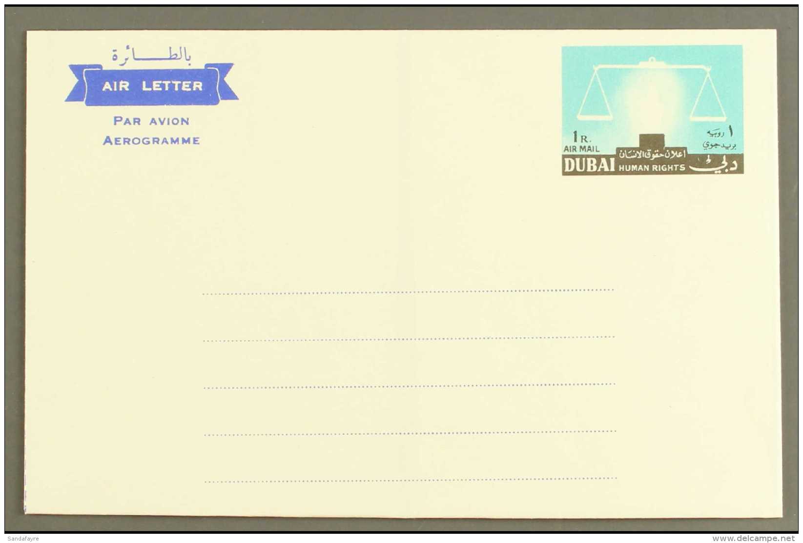 AIRLETTER  1964 1R Human Rights, Unissued, With MISSING FLAME VARIETY, Unused, Clean &amp; Very Fine, Ex Lorenzo.... - Dubai