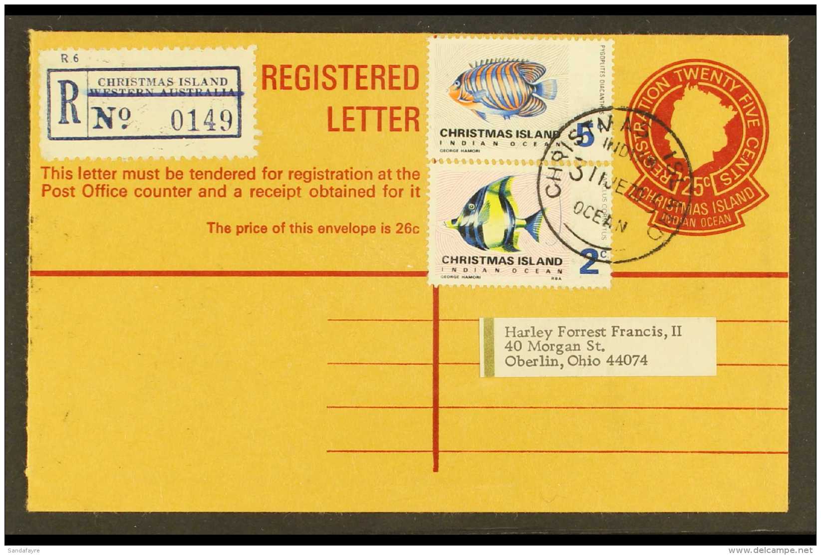 1970  25c Red On Buff Postal Stationery Registered Letter (H&amp;G C2, SS RE2) Addressed To USA, Uprated With 2c... - Christmas Island