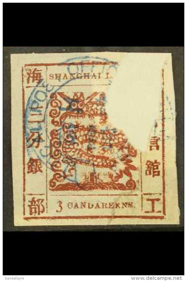 SHANGHAI LOCAL MUNICIPAL POST  1866 3ca Red-brown Dragon On Pelure Paper (SG17a, Scott 20a), Used With Blue... - Sonstige & Ohne Zuordnung