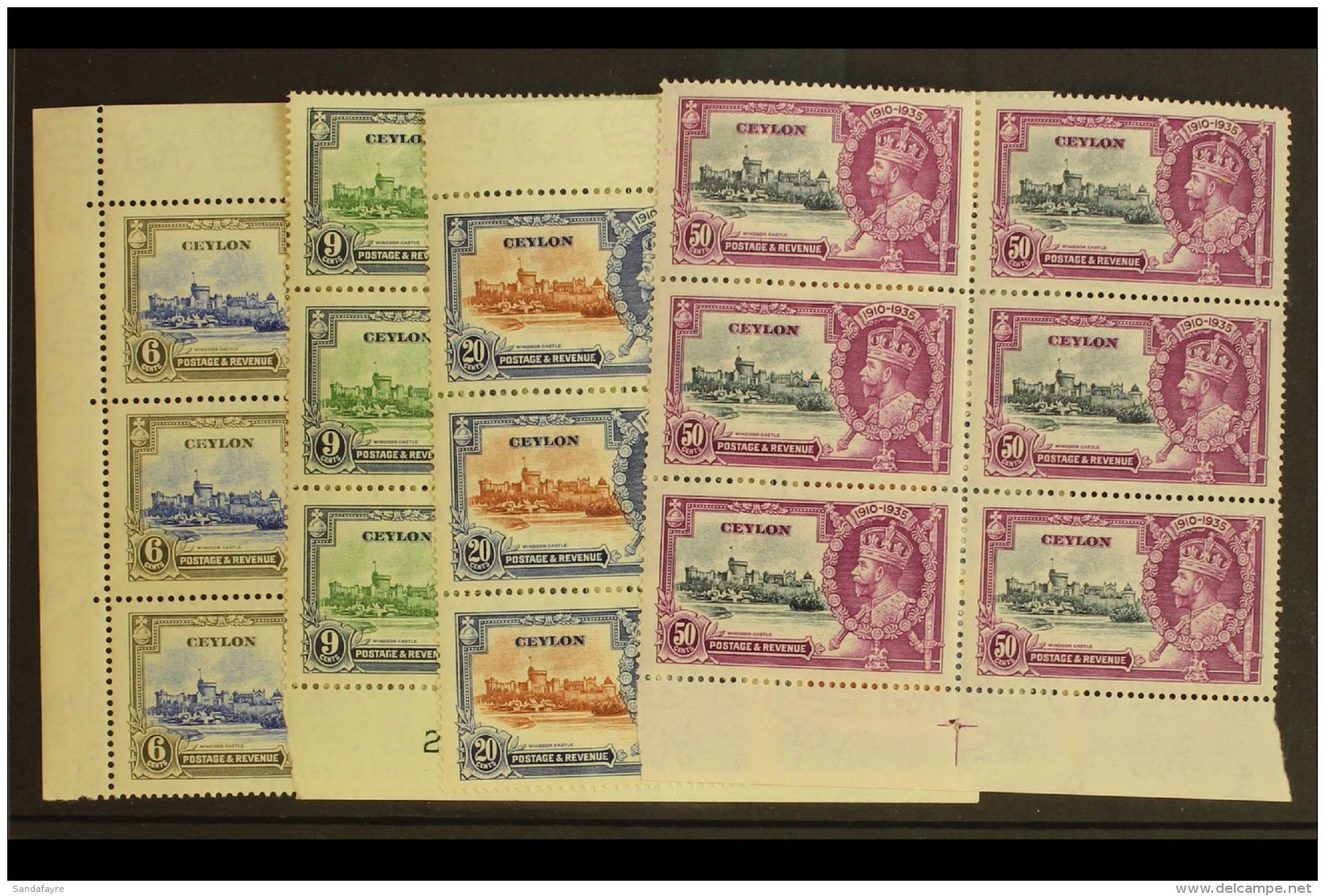 1935  Silver Jubilee Complete Set, SG 379/382, As Mint Marginal BLOCKS OF SIX, Light Creasing To The 6c And 9c,... - Ceylon (...-1947)