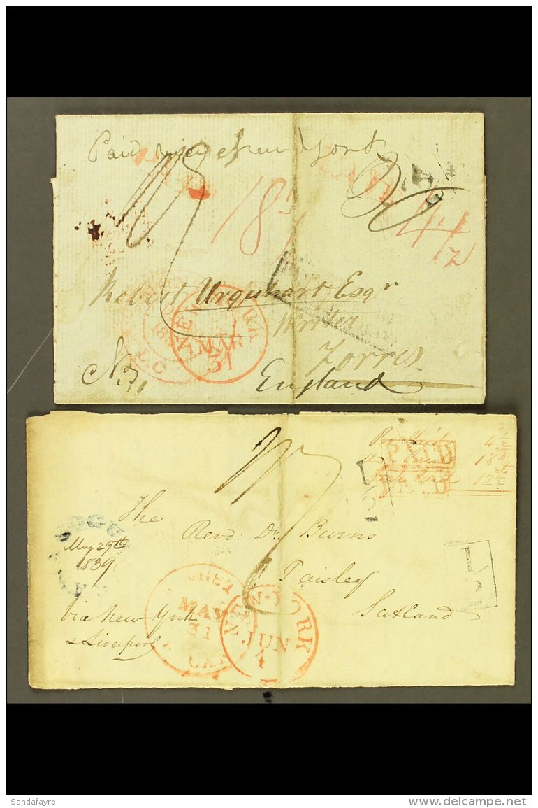 1837-1839 MAIL TO GREAT BRITAIN.  Two Part Entire Letters Addressed Via New York To London And To Scotland (with... - Other & Unclassified