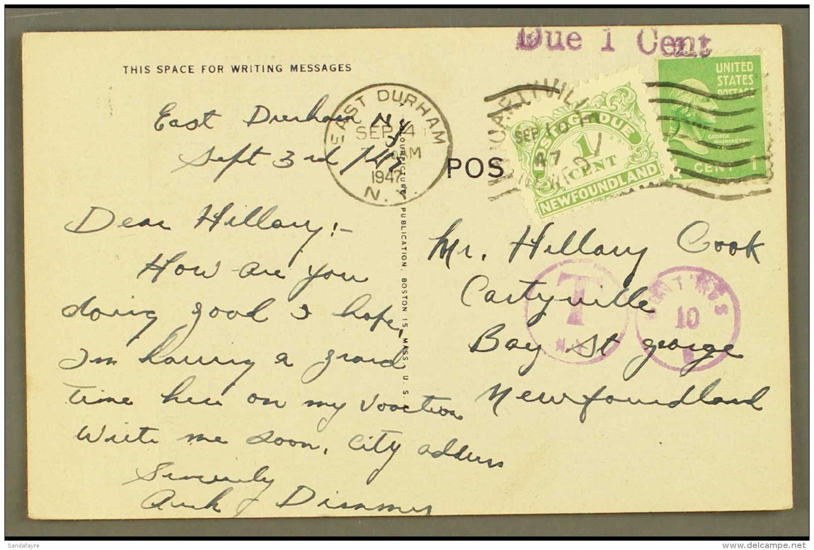 1947  ((Sept) Picture Postcard, East Durham N.Y. To Bay St George, Franked At 1c, And With Postage Due 1c Green... - Sonstige & Ohne Zuordnung