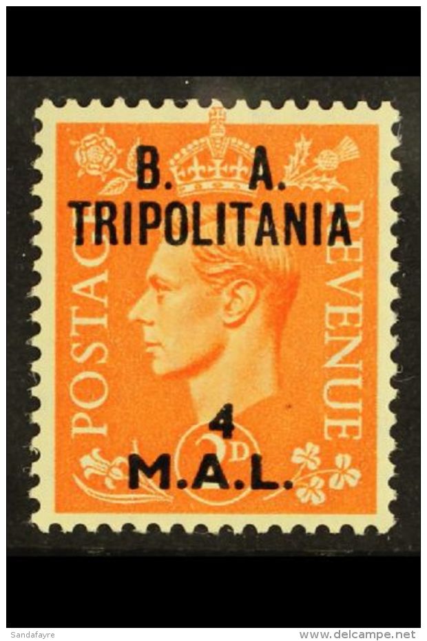 TRIPOLITANIA  1950 4l On 2d Orange, Variety "Misaligned Surch", SG T17a, Very Fine Mint. Scarce. For More Images,... - Italian Eastern Africa
