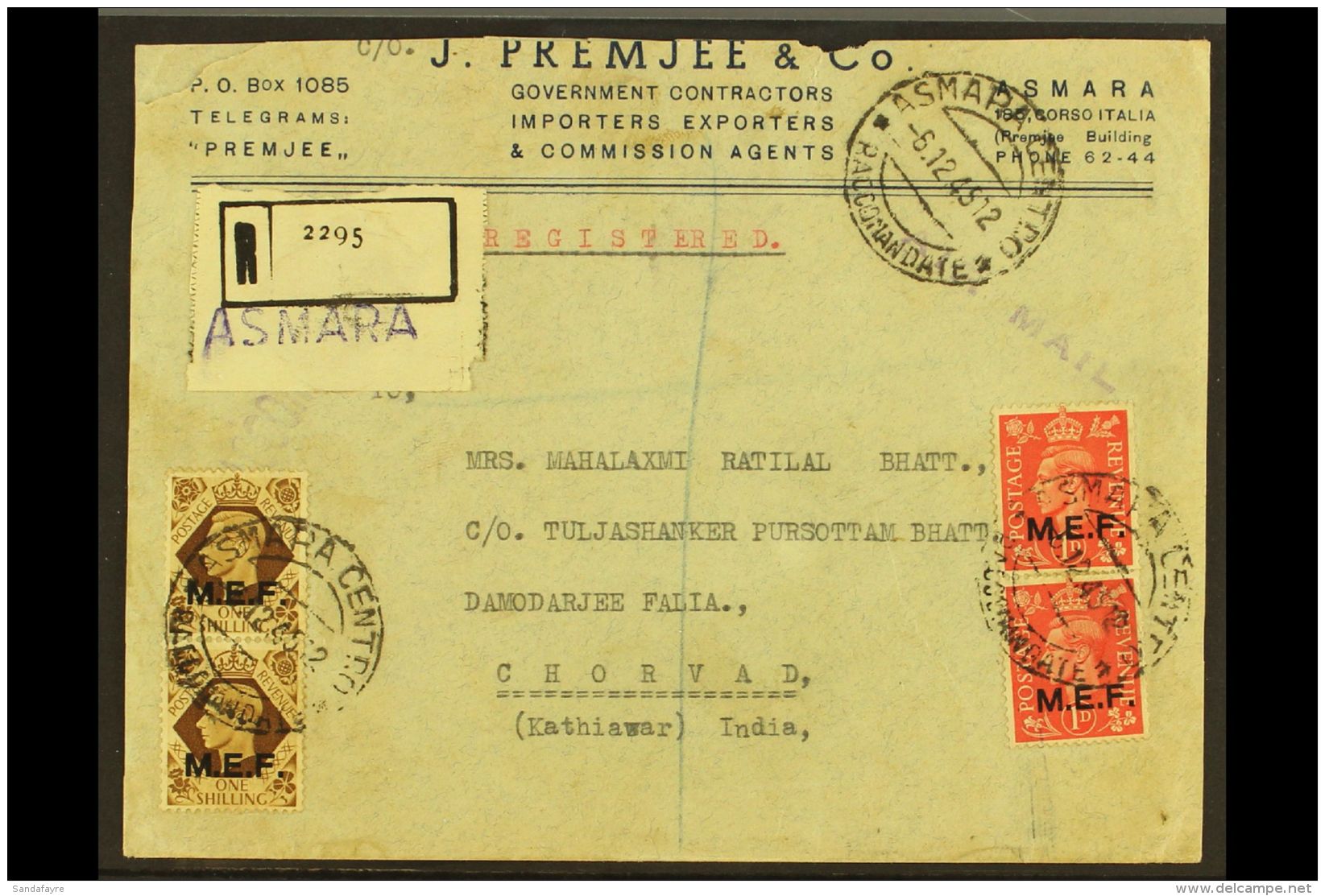 ERITREA  1945 Commercial Reg'd Cover To India, Franked 1d X2, 2&frac12;d X4 (on Reverse) And 1s Pair, SG M11, M13... - Africa Oriental Italiana