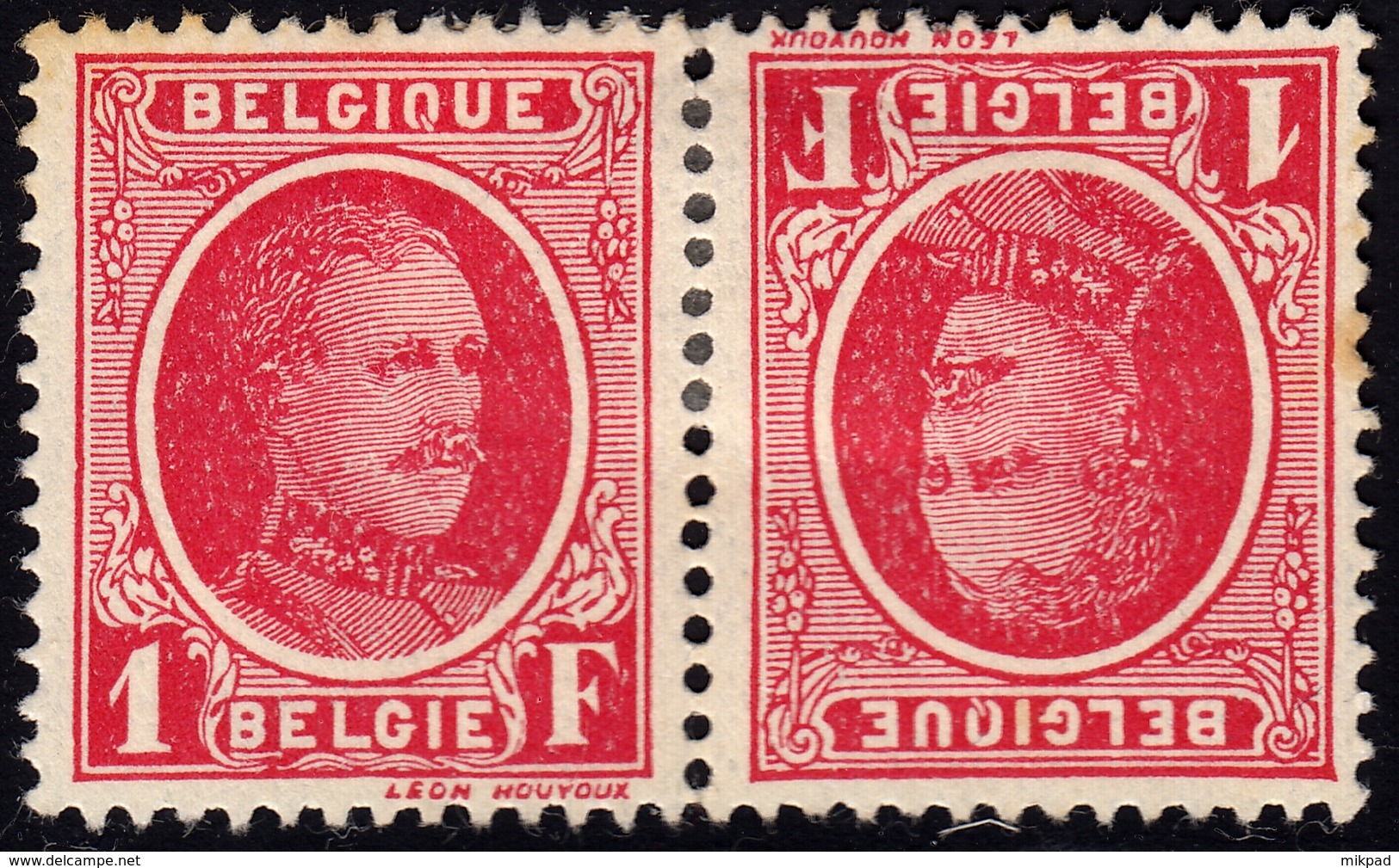 Belgium Mint 1922 1F Carmine Tête-bêche SG367a - 1922-1927 Houyoux