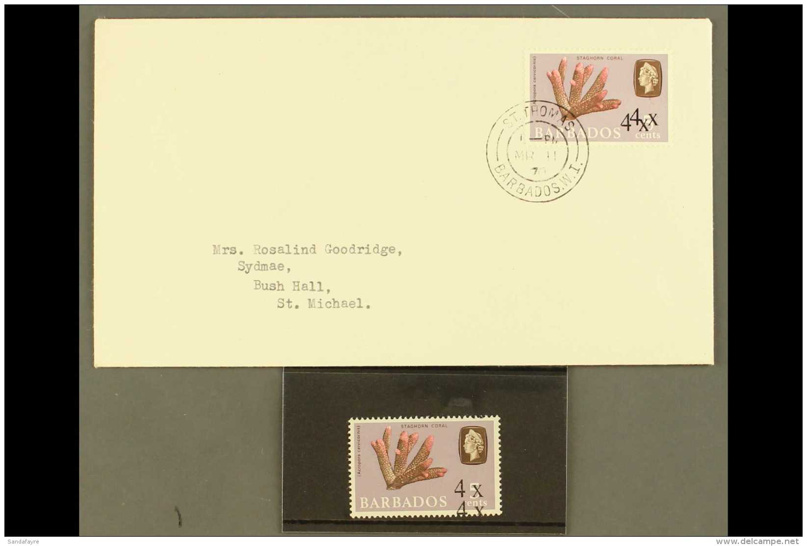 1970  4c On 5c Coral, Surcharge Double, SG 398b, Unmounted Mint And On Neat FDC. (2) For More Images, Please... - Barbados (...-1966)