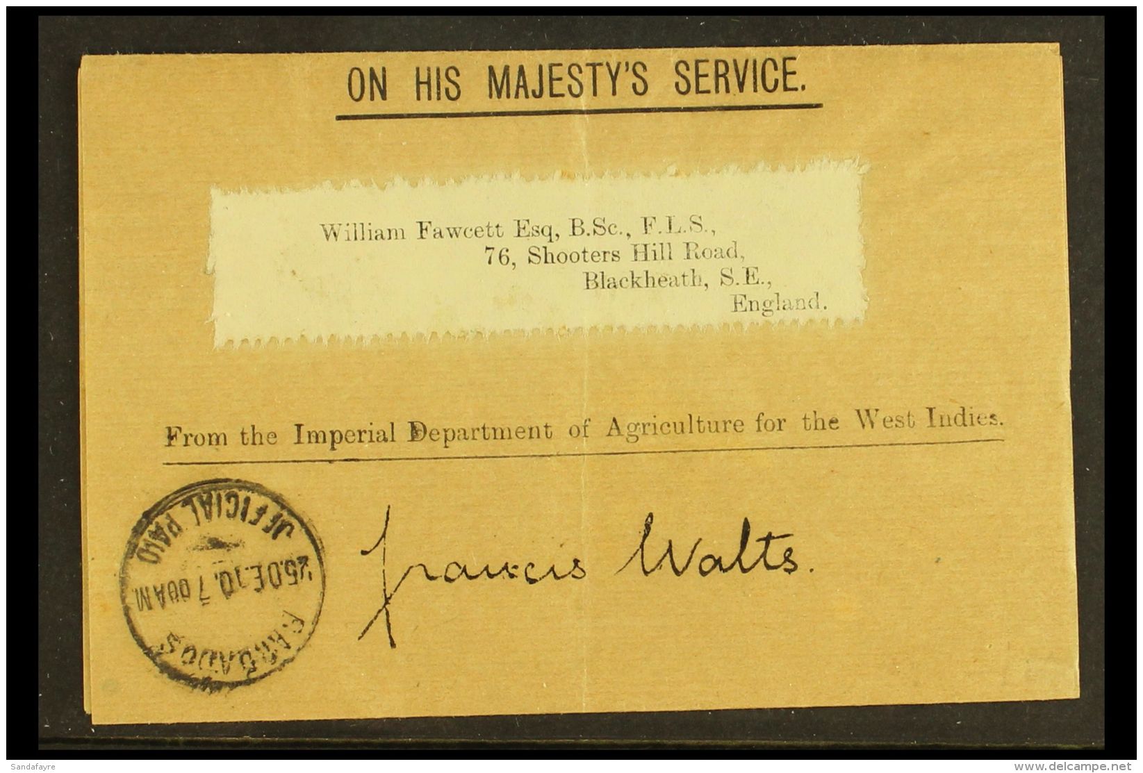 1910 OHMS OFFICIAL WRAPPER  (25 Dec) Printed OHMS 'From The Imperial Department Of Agriculture For The West... - Barbados (...-1966)